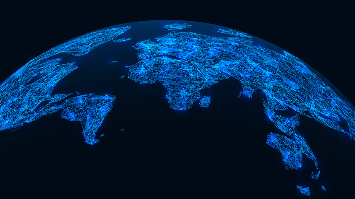 This image features a digital, wireframe representation of Earth's continents with a blue glow against a dark background, highlighting connections or networks.