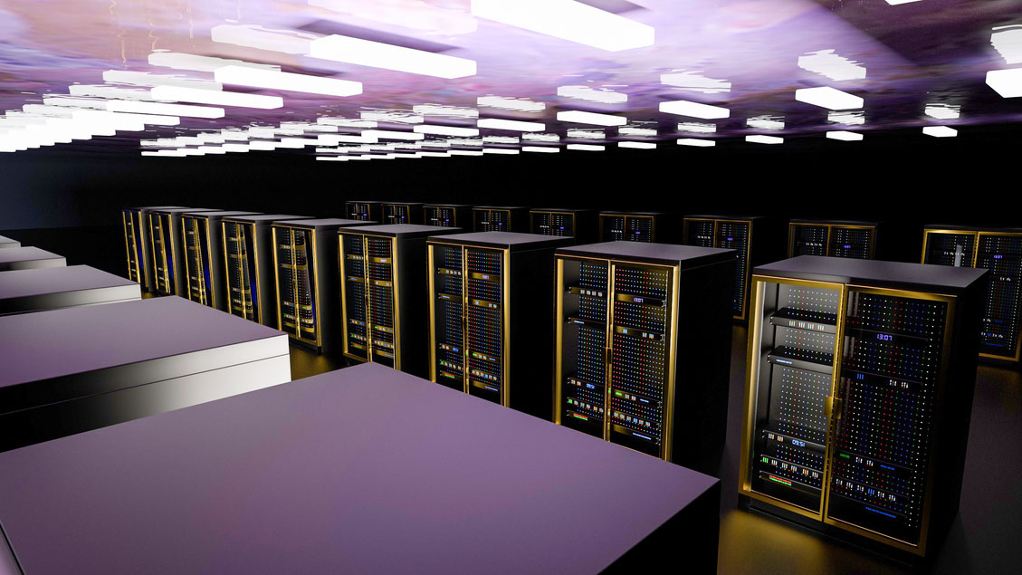 Edge Data Centers: The image shows a modern data center with rows of server racks under an illuminated ceiling, possibly indicating a high-tech, secure computing environment.