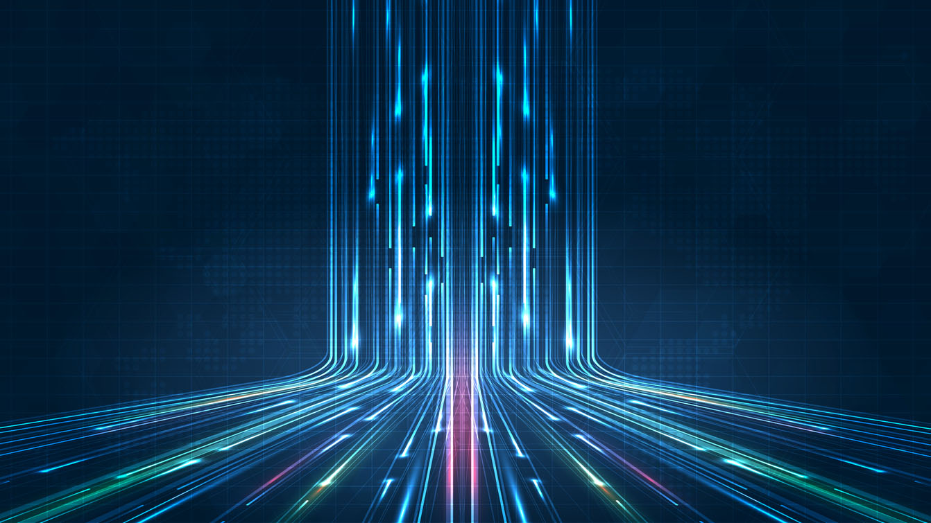 Edge data center growth: Digital abstract background with glowing blue lines descending on a grid, resembling high-speed data streams or futuristic technology.