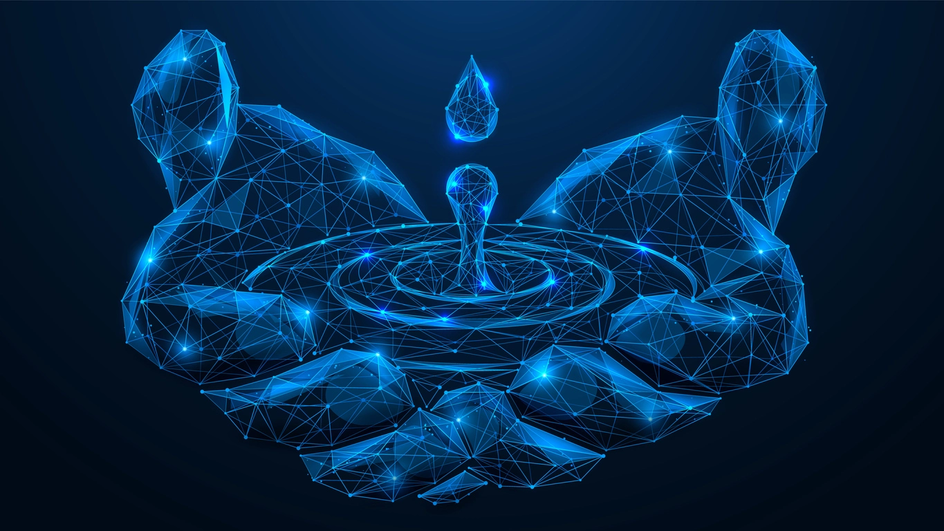 This image features a digital, wireframe design of a water droplet creating ripples on a surface, all portrayed in a glowing blue light against a dark background.