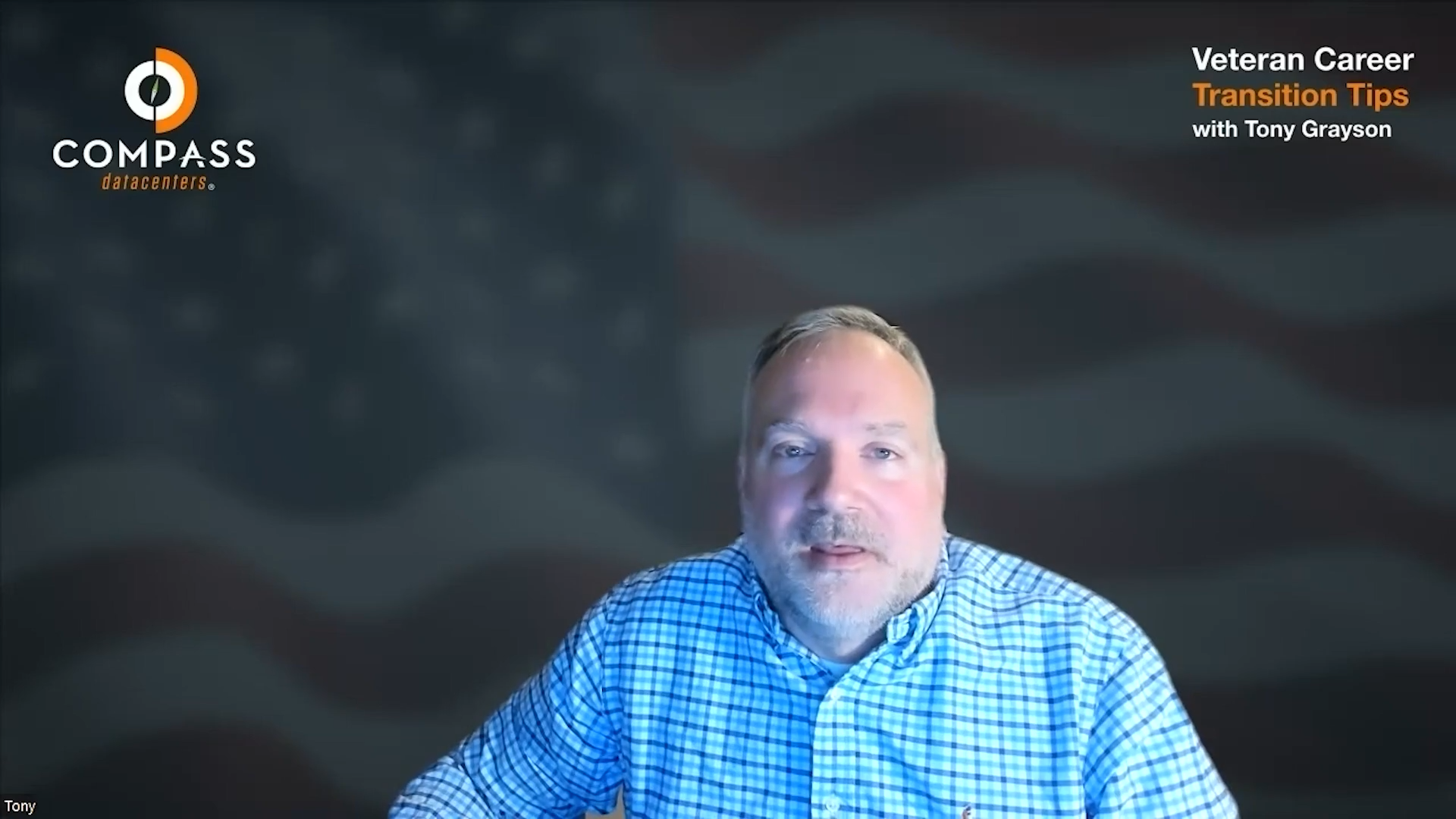 A person is in a video call with a virtual background that reads "COMPASS datacenters." Text on screen says "Veteran Career Transition Tips with Tony Grayson."
