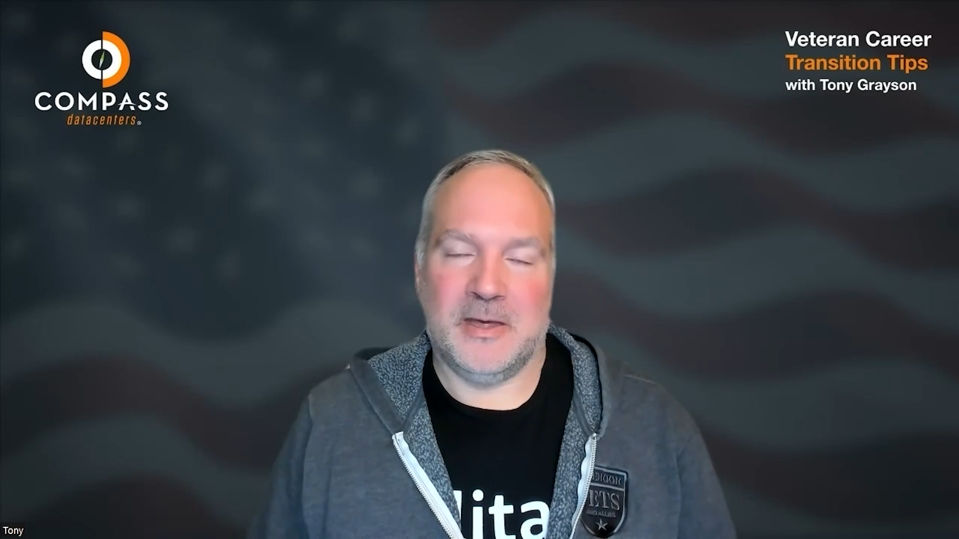 A person is speaking with closed eyes, wearing a zip-up hoodie and a t-shirt. The background includes the Compass Datacenters logo and the text "Veteran Career Transition Tips".