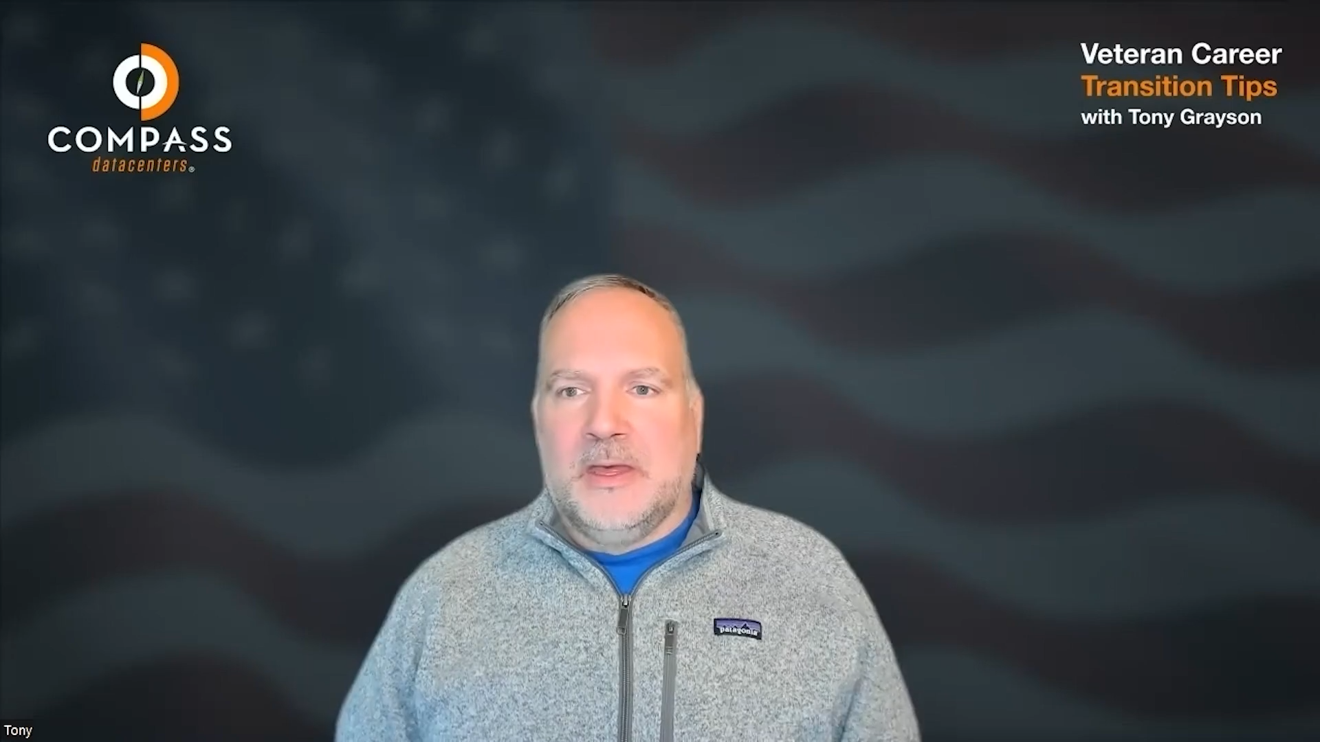 A person is speaking in front of a background with the Compass Datacenters logo and text "Veteran Career Transition Tips with Tony Grayson."