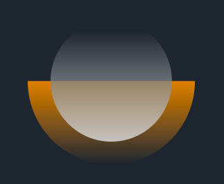 An abstract graphic of a translucent white circle overlapping an orange half circle