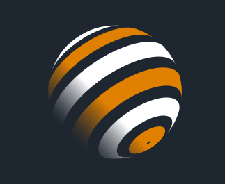 An abstract graphic of a sphere with orange and white stripes