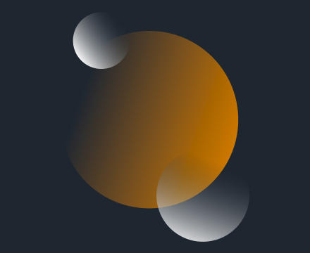 An abstract graphic of two small white circles overlapping an orange larger circle