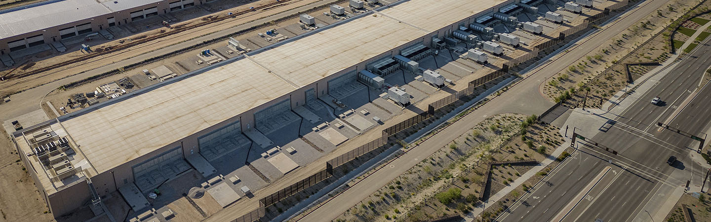 An aerial shot of a hyperscale data center facility