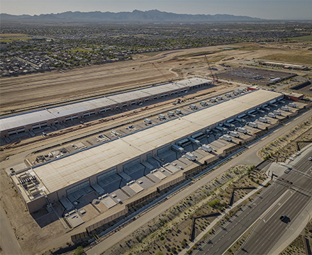 An aerial shot of a hyperscale data center campus