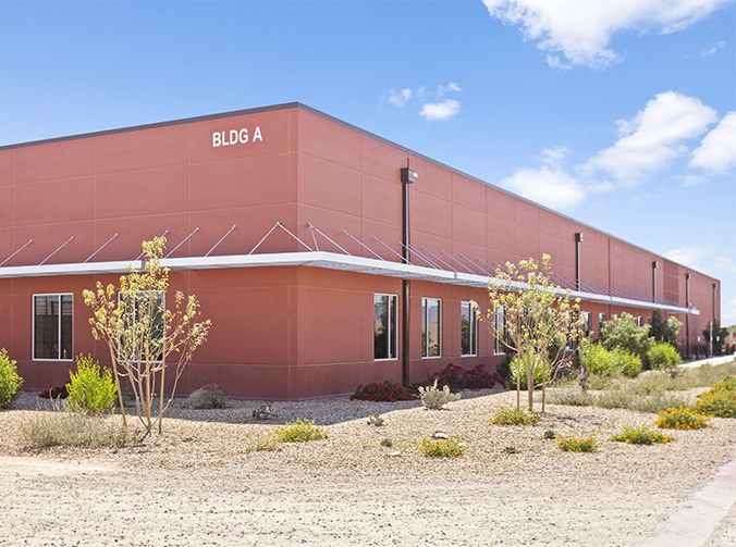 A red data center building