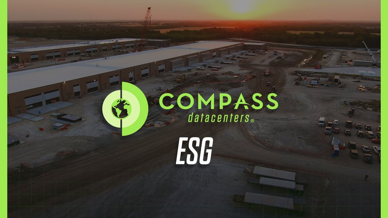 Data Center ESG: Aerial view at dusk of an industrial construction site with buildings, vehicles, and the logo "Compass Datacenters ESG" overlaid on the image.