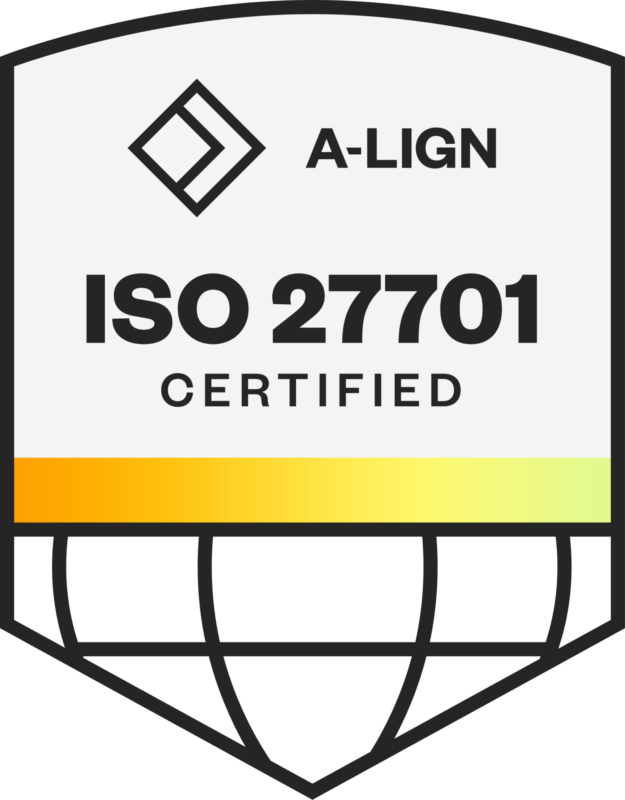 A-LIGN ISO 27701 CERTIFIED: Badge di certificazione attestante la conformità ai requisiti dello standard per la protezione dei dati ISO 27701.