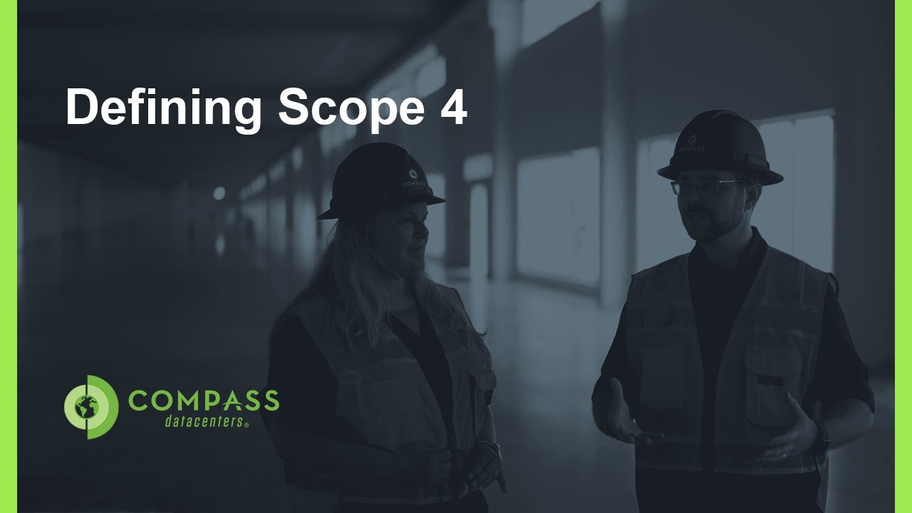 Two people in hard hats stand inside a dimly lit corridor, talking. The image has text "Defining Scope 4 Emissions" and a company logo.