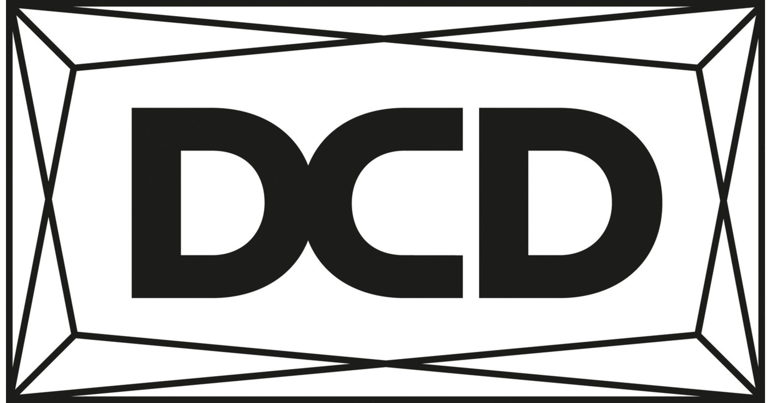 The image displays the letters "DCD" within an outline of a three-dimensional, elongated hexagonal shape, in a black and white color scheme.
