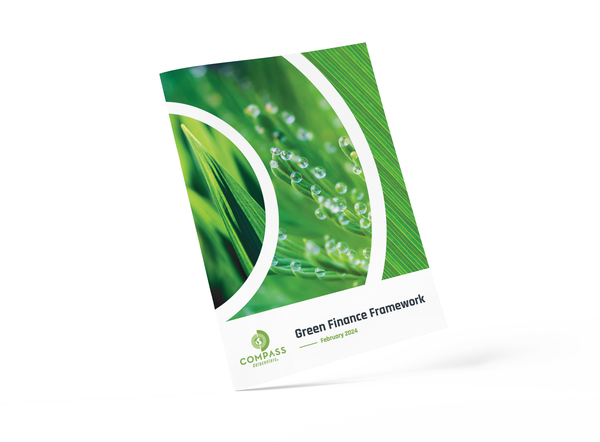 This is an image of a brochure titled "Green Finance Framework" by Compass, dated February 2024, featuring a nature-inspired design with dew on leaves.