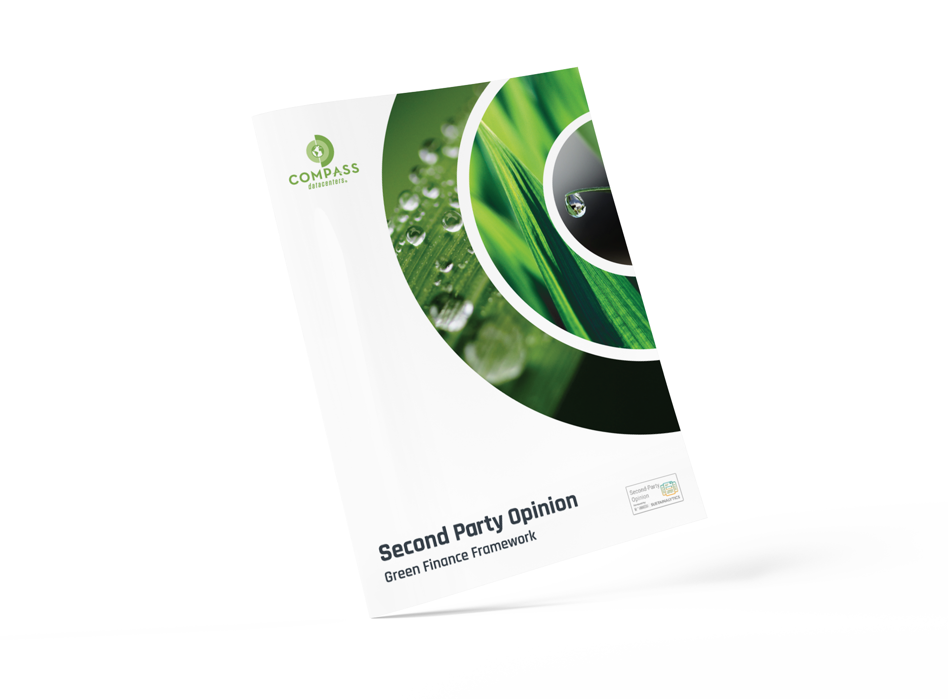 This is a corporate document titled "Second Party Opinion" for a "Green Finance Framework" featuring a nature-inspired cover design with green leaves and water droplets.
