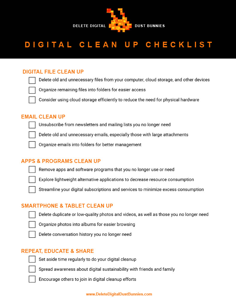 The image is a digital clean-up checklist with categories like file, email, apps, smartphone clean-up, and tips on repeating and sharing the initiative.