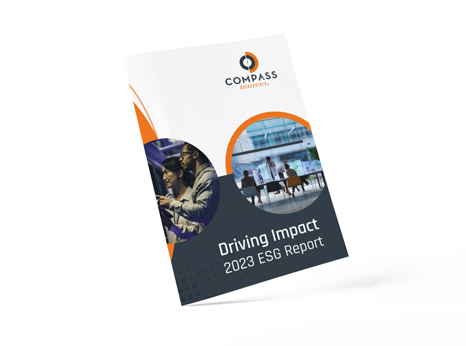 The image shows a 2023 ESG report titled "Driving Impact" from Compass Group, featuring a modern design with an orange and purple color scheme.