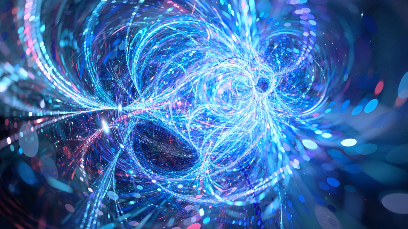 Blue glowing quantum energy correlation in space, computer generated abstract fractal background, 3D rendering